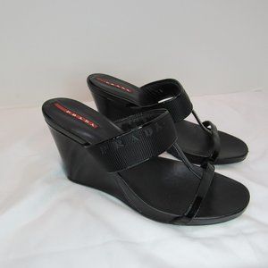 Prada Black T Strap Strappy Wedge Sandals Heels Made in Italy 6.5 US